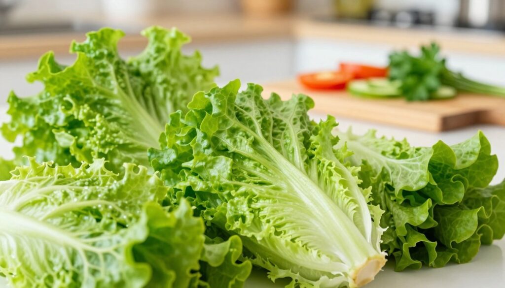 A vibrant, fresh lettuce leaves arrangement as the main focus in the foreground, showcasing different varieties like romaine, iceberg, and leaf lettuce, emphasizing their rich green colors and unique textures. In the middle ground, display a wooden cutting board with sliced vegetables and herbs, illustrating a healthy salad preparation scene. The background should be softly blurred, hinting at a bright kitchen setting with natural light streaming in, creating a warm and inviting atmosphere. Utilize a close-up angle to capture the details of the lettuce and its nutrients, portraying the idea that lettuce is a source of folic acid. The overall mood should be cheerful and health-focused, inviting viewers to appreciate the nourishing qualities of vegetables. A vibrant, fresh lettuce leaves arrangement as the main focus in the foreground, showcasing different varieties like romaine, iceberg, and leaf lettuce, emphasizing their rich green colors and unique textures. In the middle ground, display a wooden cutting board with sliced vegetables and herbs, illustrating a healthy salad preparation scene. The background should be softly blurred, hinting at a bright kitchen setting with natural light streaming in, creating a warm and inviting atmosphere. Utilize a close-up angle to capture the details of the lettuce and its nutrients, portraying the idea that lettuce is a source of folic acid. The overall mood should be cheerful and health-focused, inviting viewers to appreciate the nourishing qualities of vegetables.