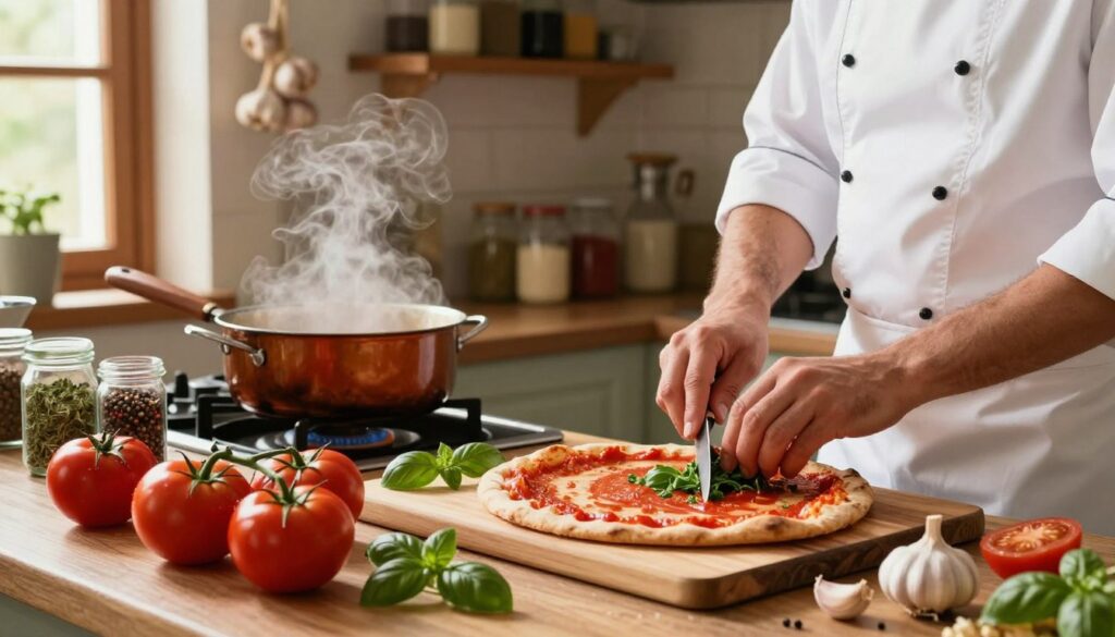 A vibrant kitchen scene featuring a chef preparing tomato sauce for pizza. In the foreground, a wooden cutting board with ripe, juicy tomatoes, fresh basil leaves, and garlic cloves, all meticulously arranged. The chef, dressed in a professional white apron and chef's hat, is skillfully chopping herbs, with a focused expression. In the middle ground, a pot simmering on the stove emits a soft, inviting steam, while a colorful array of spices like oregano and black pepper are laid out beside it. The background showcases rustic kitchen elements: hanging garlic, a window letting in warm, natural light, and shelves adorned with jars of spices. The atmosphere is warm and homey, reflecting the essence of traditional Italian cooking. A vibrant kitchen scene featuring a chef preparing tomato sauce for pizza. In the foreground, a wooden cutting board with ripe, juicy tomatoes, fresh basil leaves, and garlic cloves, all meticulously arranged. The chef, dressed in a professional white apron and chef's hat, is skillfully chopping herbs, with a focused expression. In the middle ground, a pot simmering on the stove emits a soft, inviting steam, while a colorful array of spices like oregano and black pepper are laid out beside it. The background showcases rustic kitchen elements: hanging garlic, a window letting in warm, natural light, and shelves adorned with jars of spices. The atmosphere is warm and homey, reflecting the essence of traditional Italian cooking.