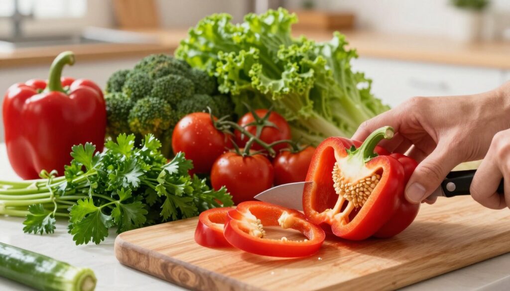 A vibrant kitchen scene showcasing an assortment of fresh vegetables rich in vitamin C, including bright red bell peppers and lush green parsley, placed on a wooden chopping board. The foreground features a close-up view of hands gently slicing the bell pepper, revealing its juicy interior and seeds. In the middle ground, a colorful array of other vegetables such as kale, broccoli, and cherry tomatoes are artfully arranged, adding depth. The background hints at a cozy kitchen setting with soft, warm lighting filtering through a window, creating an inviting atmosphere. The image conveys a sense of freshness and health, making the viewer feel inspired to include these vegetables in their diet. A vibrant kitchen scene showcasing an assortment of fresh vegetables rich in vitamin C, including bright red bell peppers and lush green parsley, placed on a wooden chopping board. The foreground features a close-up view of hands gently slicing the bell pepper, revealing its juicy interior and seeds. In the middle ground, a colorful array of other vegetables such as kale, broccoli, and cherry tomatoes are artfully arranged, adding depth. The background hints at a cozy kitchen setting with soft, warm lighting filtering through a window, creating an inviting atmosphere. The image conveys a sense of freshness and health, making the viewer feel inspired to include these vegetables in their diet.