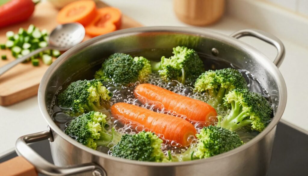 A vibrant kitchen scene showcasing the process of blanching vegetables in a pot of boiling water. In the foreground, a large stainless steel pot filled with bubbling water, with bright green broccoli and vivid orange carrots being submerged. The water splashes slightly, capturing the motion and freshness of the ingredients. In the middle, a wooden cutting board with chopped vegetables and a slotted spoon resting beside the pot. The background features a cozy kitchen ambiance with soft, warm lighting, suggesting a busy yet inviting atmosphere. The image is shot from a top-down angle to give a clear view of the blanching process, highlighting the vibrant colors and textures of the vegetables. The overall mood is energetic and homely, ideal for illustrating the essential kitchen technique of blanching. A vibrant kitchen scene showcasing the process of blanching vegetables in a pot of boiling water. In the foreground, a large stainless steel pot filled with bubbling water, with bright green broccoli and vivid orange carrots being submerged. The water splashes slightly, capturing the motion and freshness of the ingredients. In the middle, a wooden cutting board with chopped vegetables and a slotted spoon resting beside the pot. The background features a cozy kitchen ambiance with soft, warm lighting, suggesting a busy yet inviting atmosphere. The image is shot from a top-down angle to give a clear view of the blanching process, highlighting the vibrant colors and textures of the vegetables. The overall mood is energetic and homely, ideal for illustrating the essential kitchen technique of blanching.