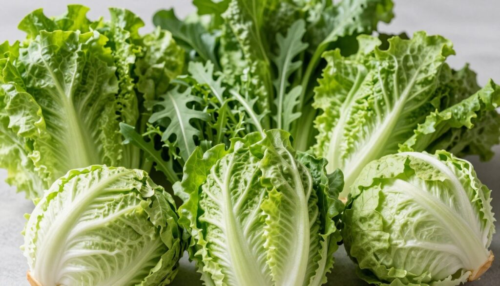 A vibrant still life composition showcasing various types of lettuce, including butterhead, iceberg, romaine, lamb's lettuce, and arugula. In the foreground, arrange crisp heads of butterhead and iceberg lettuce, displaying their distinctive textures and color variations. In the middle ground, include a bunch of romaine and a scattering of tender lamb's lettuce leaves, highlighting their lush greens. In the background, softly blur additional arugula leaves, creating depth and interest. The lighting should be bright and natural, simulating sunlight filtering through, casting soft shadows on the fresh produce. The atmosphere should evoke freshness and health, inviting viewers to appreciate the diverse varieties of lettuce and their nutritional qualities. A vibrant still life composition showcasing various types of lettuce, including butterhead, iceberg, romaine, lamb's lettuce, and arugula. In the foreground, arrange crisp heads of butterhead and iceberg lettuce, displaying their distinctive textures and color variations. In the middle ground, include a bunch of romaine and a scattering of tender lamb's lettuce leaves, highlighting their lush greens. In the background, softly blur additional arugula leaves, creating depth and interest. The lighting should be bright and natural, simulating sunlight filtering through, casting soft shadows on the fresh produce. The atmosphere should evoke freshness and health, inviting viewers to appreciate the diverse varieties of lettuce and their nutritional qualities.
