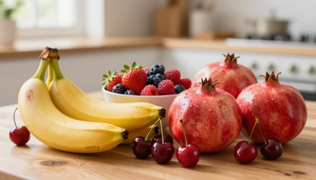 A vibrant still life depicting various fruits known to potentially increase blood pressure, arranged on a wooden table. In the foreground, showcase ripe bananas with a warm yellow hue, juicy red cherries, and bright pomegranates, each with droplets of water for freshness. In the middle, include a bowl of mixed berries, such as strawberries and raspberries, adding rich colors and textures. The background features a softly blurred kitchen setting with natural light diffusing through a window, creating a warm and inviting atmosphere. Capture the scene with a shallow depth of field, emphasizing the fruits while gently blurring the surroundings. Focus on a bright and health-oriented mood, conveying vitality and life. A vibrant still life depicting various fruits known to potentially increase blood pressure, arranged on a wooden table. In the foreground, showcase ripe bananas with a warm yellow hue, juicy red cherries, and bright pomegranates, each with droplets of water for freshness. In the middle, include a bowl of mixed berries, such as strawberries and raspberries, adding rich colors and textures. The background features a softly blurred kitchen setting with natural light diffusing through a window, creating a warm and inviting atmosphere. Capture the scene with a shallow depth of field, emphasizing the fruits while gently blurring the surroundings. Focus on a bright and health-oriented mood, conveying vitality and life.