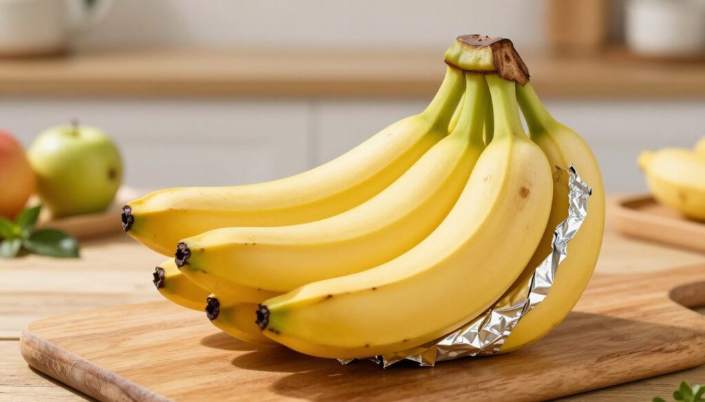 A vibrant still life featuring a bunch of ripe bananas nestled in an elegant wrap of protective foil, highlighting their bright yellow color against the soft metallic sheen of the foil. The foreground includes a close-up view of the bananas, with a gentle morning light casting subtle shadows to enhance texture. In the middle ground, a rustic wooden table provides a warm, inviting surface. The background softly fades into a blurred kitchen setting with hints of fresh fruits and herbs, embodying a wholesome atmosphere. The overall mood is fresh and homely, emphasizing the techniques that preserve the freshness of bananas while adding an aesthetically pleasing touch. A vibrant still life featuring a bunch of ripe bananas nestled in an elegant wrap of protective foil, highlighting their bright yellow color against the soft metallic sheen of the foil. The foreground includes a close-up view of the bananas, with a gentle morning light casting subtle shadows to enhance texture. In the middle ground, a rustic wooden table provides a warm, inviting surface. The background softly fades into a blurred kitchen setting with hints of fresh fruits and herbs, embodying a wholesome atmosphere. The overall mood is fresh and homely, emphasizing the techniques that preserve the freshness of bananas while adding an aesthetically pleasing touch.