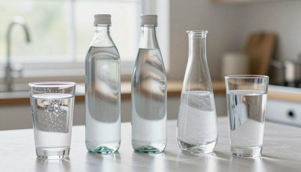 A visually appealing arrangement of different types of water: tap water in a clear glass, filtered water in a sleek bottle, spring water in an elegant container, and mineral water in a stylish glass. The foreground showcases the glasses and bottles filled with sparkling, clear water, emphasizing their purity. In the middle ground, include subtle reflections and highlights to enhance the clarity and freshness of the water. The background features a soft, blurred kitchen setting with natural lighting streaming through a window, creating a serene and refreshing atmosphere. Use a slight depth of field to draw focus to the water types while maintaining a calm, inviting mood. The image should convey purity, health, and the essence of hydration without any text or distractions. A visually appealing arrangement of different types of water: tap water in a clear glass, filtered water in a sleek bottle, spring water in an elegant container, and mineral water in a stylish glass. The foreground showcases the glasses and bottles filled with sparkling, clear water, emphasizing their purity. In the middle ground, include subtle reflections and highlights to enhance the clarity and freshness of the water. The background features a soft, blurred kitchen setting with natural lighting streaming through a window, creating a serene and refreshing atmosphere. Use a slight depth of field to draw focus to the water types while maintaining a calm, inviting mood. The image should convey purity, health, and the essence of hydration without any text or distractions.