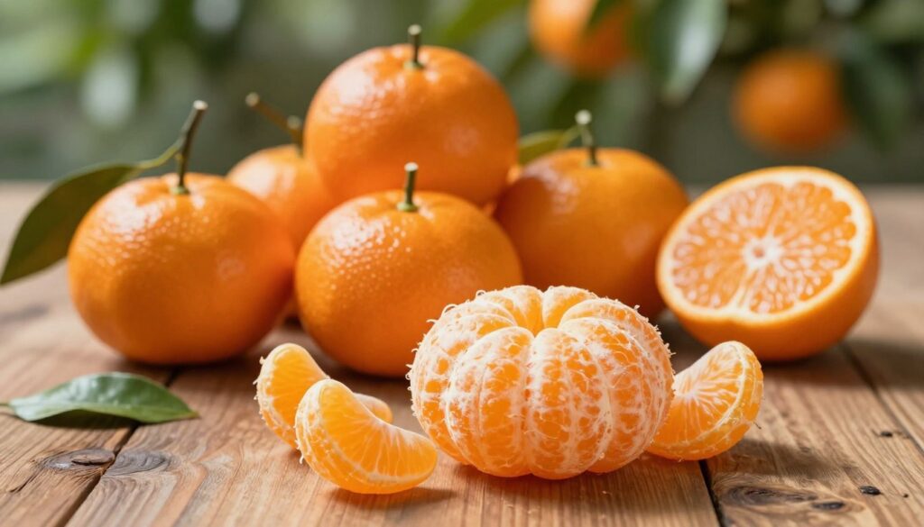 A visually appealing composition featuring fresh, vibrant mandarins arranged artfully on a rustic wooden table. In the foreground, focus on a few peeled mandarins, revealing their juicy segments, with a texture that highlights the natural sheen of the fruit. In the middle ground, display an assortment of whole mandarins, some with leaves attached, while others are cut open to showcase their bright orange flesh. In the background, softly blurred greenery represents the mandarin trees, evoking a sense of natural freshness. Warm, natural lighting illuminates the scene, casting gentle shadows to enhance depth. The mood is inviting and wholesome, emphasizing the nutritional values of mandarins, such as their macronutrients, sugars, and fiber content, making it a perfect visual for an educational article. A visually appealing composition featuring fresh, vibrant mandarins arranged artfully on a rustic wooden table. In the foreground, focus on a few peeled mandarins, revealing their juicy segments, with a texture that highlights the natural sheen of the fruit. In the middle ground, display an assortment of whole mandarins, some with leaves attached, while others are cut open to showcase their bright orange flesh. In the background, softly blurred greenery represents the mandarin trees, evoking a sense of natural freshness. Warm, natural lighting illuminates the scene, casting gentle shadows to enhance depth. The mood is inviting and wholesome, emphasizing the nutritional values of mandarins, such as their macronutrients, sugars, and fiber content, making it a perfect visual for an educational article.