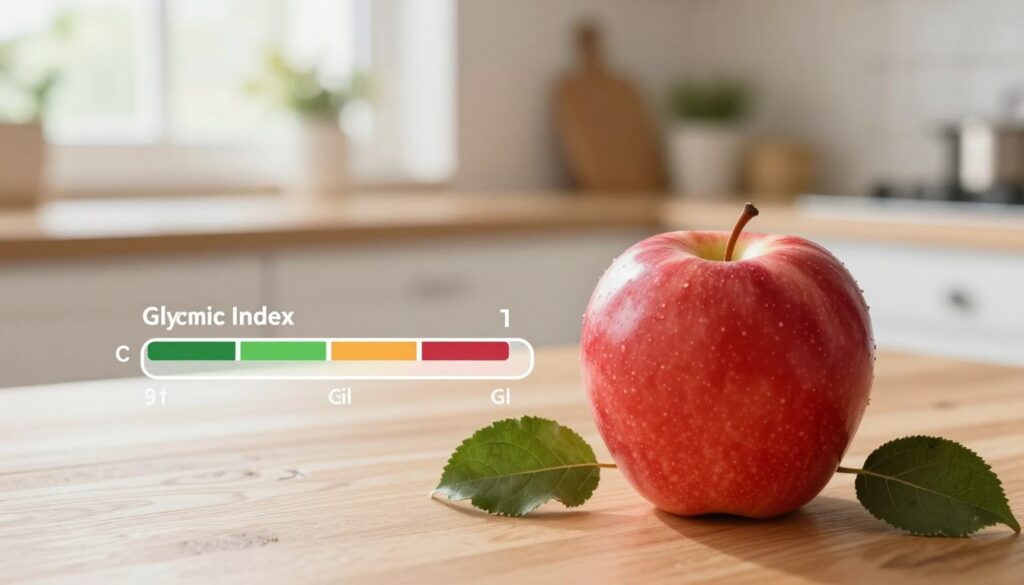 A visually appealing composition focusing on a vibrant red apple placed in the foreground on a wooden table, surrounded by delicate green leaves. In the middle ground, include a subtle infographic style representation of a glycemic index scale, with the apple clearly marked to indicate its index relative to other fruits. The background should feature a soft-focus kitchen environment, with warm, natural lighting streaming through a nearby window, creating an inviting and healthy atmosphere. Use a shallow depth of field to emphasize the apple and the scale, conveying the importance of its glycemic index in a diet. The overall mood should be informative yet welcoming, highlighting the role of apples in managing blood sugar levels. A visually appealing composition focusing on a vibrant red apple placed in the foreground on a wooden table, surrounded by delicate green leaves. In the middle ground, include a subtle infographic style representation of a glycemic index scale, with the apple clearly marked to indicate its index relative to other fruits. The background should feature a soft-focus kitchen environment, with warm, natural lighting streaming through a nearby window, creating an inviting and healthy atmosphere. Use a shallow depth of field to emphasize the apple and the scale, conveying the importance of its glycemic index in a diet. The overall mood should be informative yet welcoming, highlighting the role of apples in managing blood sugar levels.