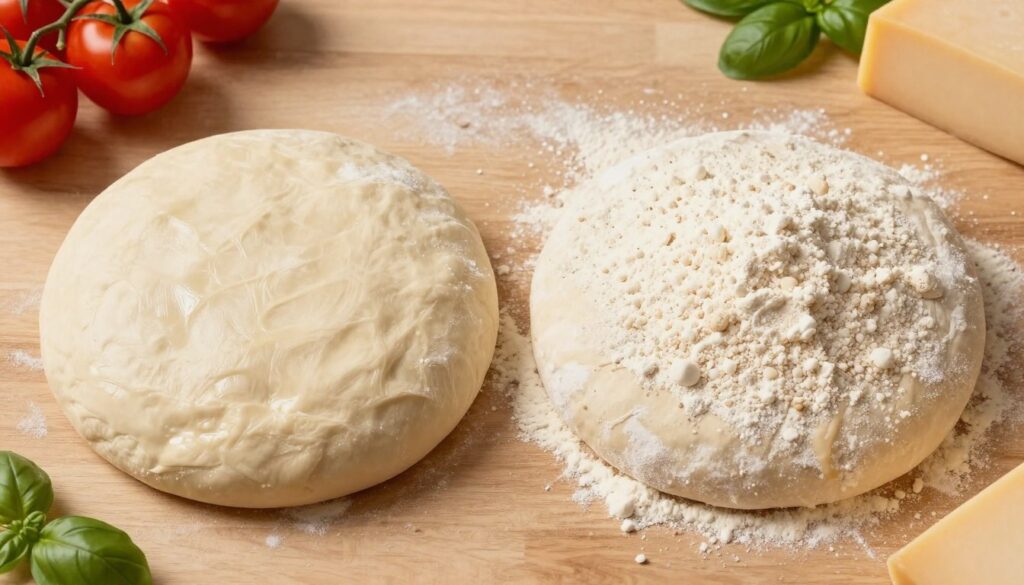 A visually appealing image featuring two types of pizza dough side by side, emphasizing the differences in texture and appearance. On the left, showcase pizza dough made with 450 flour, highlighting its slightly softer and more elastic consistency. The dough should appear smooth and glistening under bright, warm kitchen lighting. On the right, depict pizza dough made with 650 flour, showcasing a firmer, grainy texture with visible air bubbles, indicative of a more rustic style. Set the scene in a cozy, well-lit kitchen with wooden countertops and fresh ingredients scattered around, such as tomatoes, basil, and cheese. Capture the image from a top-down angle to emphasize the contrast between the two doughs, creating an inviting and informative atmosphere for readers. A visually appealing image featuring two types of pizza dough side by side, emphasizing the differences in texture and appearance. On the left, showcase pizza dough made with 450 flour, highlighting its slightly softer and more elastic consistency. The dough should appear smooth and glistening under bright, warm kitchen lighting. On the right, depict pizza dough made with 650 flour, showcasing a firmer, grainy texture with visible air bubbles, indicative of a more rustic style. Set the scene in a cozy, well-lit kitchen with wooden countertops and fresh ingredients scattered around, such as tomatoes, basil, and cheese. Capture the image from a top-down angle to emphasize the contrast between the two doughs, creating an inviting and informative atmosphere for readers.