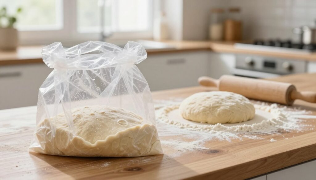A visually appealing kitchen scene focused on the process of freezing and thawing pizza dough. In the foreground, a clear plastic bag filled with fresh pizza dough, showing condensation to indicate freezing, rests on a wooden countertop. In the middle ground, a thawed ball of dough is on a floured surface, appearing soft and elastic, with a rolling pin and flour scattered around. In the background, a modern kitchen with soft, natural light streaming in through a window, illuminating the scene. The overall mood is warm and inviting, showcasing the transformation of pizza dough from frozen to ready-to-use. The composition should convey a sense of care and attention to detail in food preparation. A visually appealing kitchen scene focused on the process of freezing and thawing pizza dough. In the foreground, a clear plastic bag filled with fresh pizza dough, showing condensation to indicate freezing, rests on a wooden countertop. In the middle ground, a thawed ball of dough is on a floured surface, appearing soft and elastic, with a rolling pin and flour scattered around. In the background, a modern kitchen with soft, natural light streaming in through a window, illuminating the scene. The overall mood is warm and inviting, showcasing the transformation of pizza dough from frozen to ready-to-use. The composition should convey a sense of care and attention to detail in food preparation.