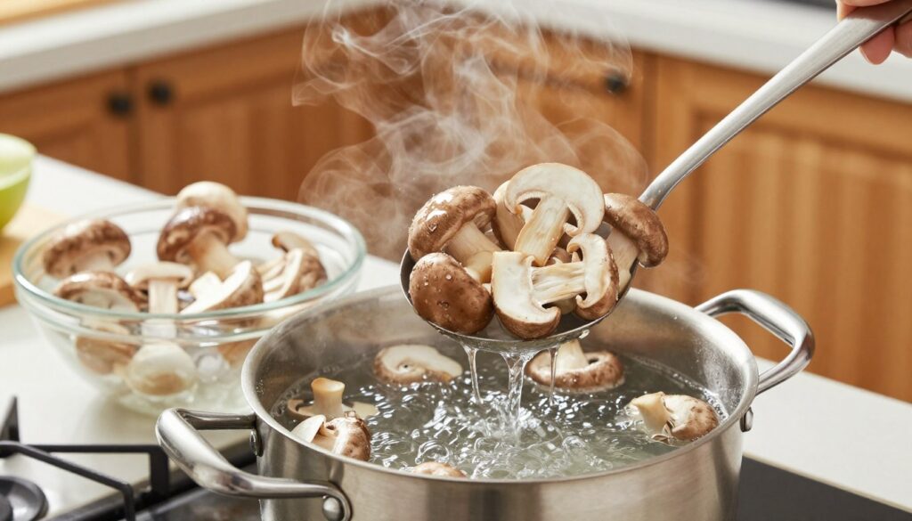 A visually appealing kitchen scene showcasing the process of blanching mushrooms before freezing. In the foreground, a pot of boiling water sits on a stove, with steam rising. Fresh, whole mushrooms, including varieties like champignon and porcini, are shown being gently lowered into the pot using a slotted spoon. In the middle ground, a bowl filled with ice water awaits the blanched mushrooms. The background features a well-organized kitchen with wooden cabinetry and soft, warm lighting that creates a cozy atmosphere. The scene captures the vibrancy and freshness of the mushrooms, emphasizing their smooth texture before freezing. The angle is slightly overhead, allowing for a clear view of the process, while the overall mood conveys a sense of culinary care and preparation. A visually appealing kitchen scene showcasing the process of blanching mushrooms before freezing. In the foreground, a pot of boiling water sits on a stove, with steam rising. Fresh, whole mushrooms, including varieties like champignon and porcini, are shown being gently lowered into the pot using a slotted spoon. In the middle ground, a bowl filled with ice water awaits the blanched mushrooms. The background features a well-organized kitchen with wooden cabinetry and soft, warm lighting that creates a cozy atmosphere. The scene captures the vibrancy and freshness of the mushrooms, emphasizing their smooth texture before freezing. The angle is slightly overhead, allowing for a clear view of the process, while the overall mood conveys a sense of culinary care and preparation.