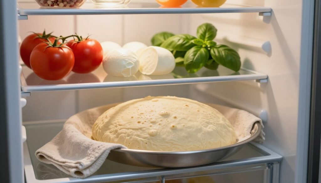 A visually appealing scene of a pizza dough resting in a modern refrigerator. The foreground features a close-up of a bowl of pizza dough, lightly covered with a cloth, showing its textured surface with small bubbles hinting at fermentation. In the middle, the fridge shelves are stocked with fresh ingredients like tomatoes, mozzarella cheese, and basil, giving a sense of preparation. The background includes a soft, warm light from the fridge illuminating the dough, creating a cozy atmosphere. The overall mood should reflect the careful preservation of flavors and texture, showcasing the importance of refrigeration in culinary practices. The image should be taken from an angle that highlights the dough visibly while framing the ingredients around it.