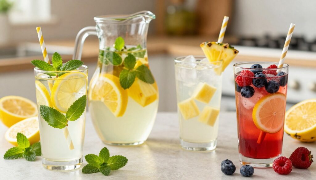 A visually captivating display of flavored water varieties, featuring a clear glass pitcher filled with colorful infused waters. In the foreground, showcase individual glasses of vibrant drink options: one with slices of fresh lemon and mint leaves, another with tropical coconut water accented by pineapple chunks, and a third with a blend of juicy berries and vitamins, all served with straws. The background should feature a soft-focus kitchen countertop with natural elements like fruits and greenery. Utilize warm, bright lighting to evoke a refreshing atmosphere, and shoot from a slightly elevated angle to capture the enticing colors and textures of the drinks. The overall mood should be lively and healthy, emphasizing hydration and flavor without compromising the essence of water. A visually captivating display of flavored water varieties, featuring a clear glass pitcher filled with colorful infused waters. In the foreground, showcase individual glasses of vibrant drink options: one with slices of fresh lemon and mint leaves, another with tropical coconut water accented by pineapple chunks, and a third with a blend of juicy berries and vitamins, all served with straws. The background should feature a soft-focus kitchen countertop with natural elements like fruits and greenery. Utilize warm, bright lighting to evoke a refreshing atmosphere, and shoot from a slightly elevated angle to capture the enticing colors and textures of the drinks. The overall mood should be lively and healthy, emphasizing hydration and flavor without compromising the essence of water.