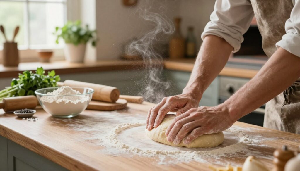 A warm and inviting kitchen scene showcasing the art of pizza dough kneading. In the foreground, a pair of hands, adorned with modest culinary attire, skillfully work the soft, elastic dough on a wooden countertop. Flour dust swirls in the air, capturing the energy of the moment. The middle layer features a mixing bowl filled with ingredients—flour, water, yeast, and salt—suggesting the initial stages of pizza dough preparation. In the background, a rustic kitchen setting with natural light streaming through a window, illuminating vibrant herbs and a brick pizza oven, enhances the atmosphere. The overall mood is homely and inviting, illustrating the passion for cooking and the dedication to crafting the perfect pizza dough. A warm and inviting kitchen scene showcasing the art of pizza dough kneading. In the foreground, a pair of hands, adorned with modest culinary attire, skillfully work the soft, elastic dough on a wooden countertop. Flour dust swirls in the air, capturing the energy of the moment. The middle layer features a mixing bowl filled with ingredients—flour, water, yeast, and salt—suggesting the initial stages of pizza dough preparation. In the background, a rustic kitchen setting with natural light streaming through a window, illuminating vibrant herbs and a brick pizza oven, enhances the atmosphere. The overall mood is homely and inviting, illustrating the passion for cooking and the dedication to crafting the perfect pizza dough.