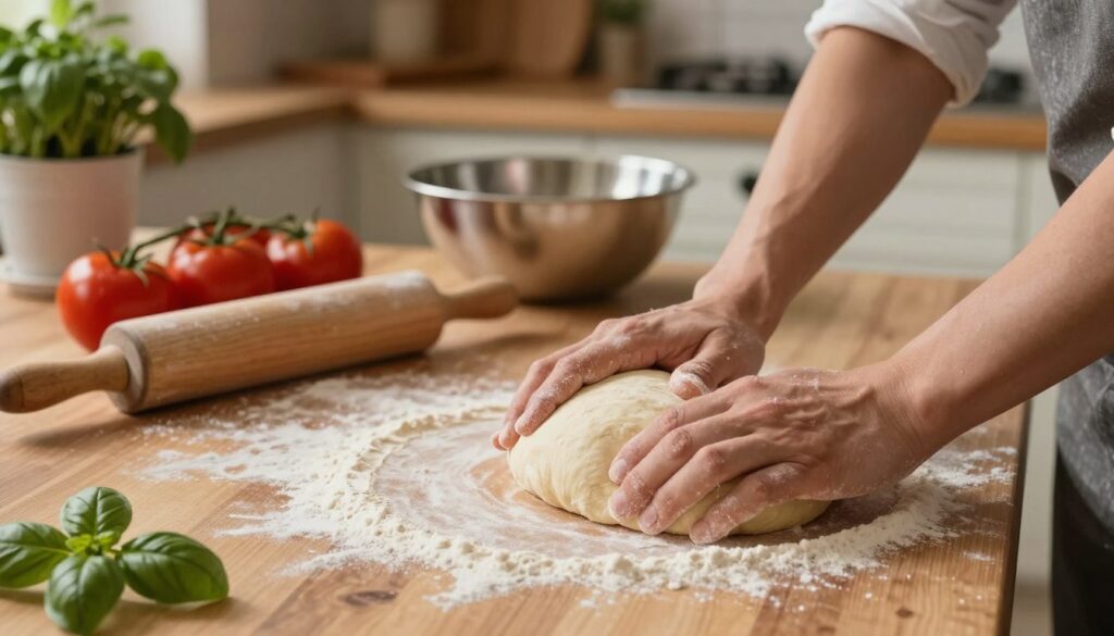 A warm, inviting kitchen scene showcasing the art of pizza dough preparation. In the foreground, a pair of clean, well-used hands knead a smooth, elastic ball of dough on a wooden countertop, dusted with flour. The dough's texture is visibly pliable, illustrating the importance of the right consistency. In the middle ground, various baking tools like a rolling pin, a mixing bowl, and fresh ingredients such as tomatoes and basil are artfully arranged. The background features a softly lit kitchen with rustic cabinets and a few potted herbs, evoking a homely atmosphere. The lighting is warm and diffused, highlighting the craftsmanship involved in pizza making. Capture the essence of patience and technique in a moment of culinary focus. A warm, inviting kitchen scene showcasing the art of pizza dough preparation. In the foreground, a pair of clean, well-used hands knead a smooth, elastic ball of dough on a wooden countertop, dusted with flour. The dough's texture is visibly pliable, illustrating the importance of the right consistency. In the middle ground, various baking tools like a rolling pin, a mixing bowl, and fresh ingredients such as tomatoes and basil are artfully arranged. The background features a softly lit kitchen with rustic cabinets and a few potted herbs, evoking a homely atmosphere. The lighting is warm and diffused, highlighting the craftsmanship involved in pizza making. Capture the essence of patience and technique in a moment of culinary focus.