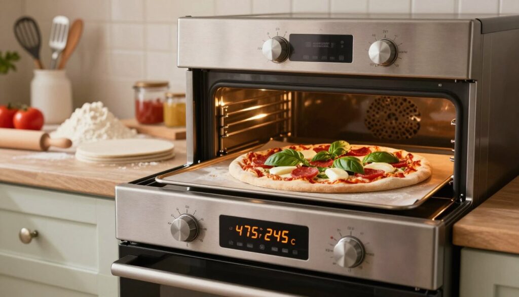 A well-equipped kitchen scene showcasing an oven set to the ideal pizza baking temperature. In the foreground, a stainless steel oven with a digital display prominently showing the temperature dialed to 475°F (245°C). In the middle, a classic homemade pizza topped with fresh ingredients like basil, mozzarella, and pepperoni is placed on a pizza stone. The background reveals warm, soft lighting that casts a welcoming glow, emphasizing the inviting atmosphere of the kitchen. A glimpse of cooking utensils and ingredients on the countertops, like flour, tomatoes, and a rolling pin, hints at the cooking process. The image captures a moment of culinary perfection, showcasing the essential settings and ambiance conducive to achieving pizzeria-quality pizza. A well-equipped kitchen scene showcasing an oven set to the ideal pizza baking temperature. In the foreground, a stainless steel oven with a digital display prominently showing the temperature dialed to 475°F (245°C). In the middle, a classic homemade pizza topped with fresh ingredients like basil, mozzarella, and pepperoni is placed on a pizza stone. The background reveals warm, soft lighting that casts a welcoming glow, emphasizing the inviting atmosphere of the kitchen. A glimpse of cooking utensils and ingredients on the countertops, like flour, tomatoes, and a rolling pin, hints at the cooking process. The image captures a moment of culinary perfection, showcasing the essential settings and ambiance conducive to achieving pizzeria-quality pizza.