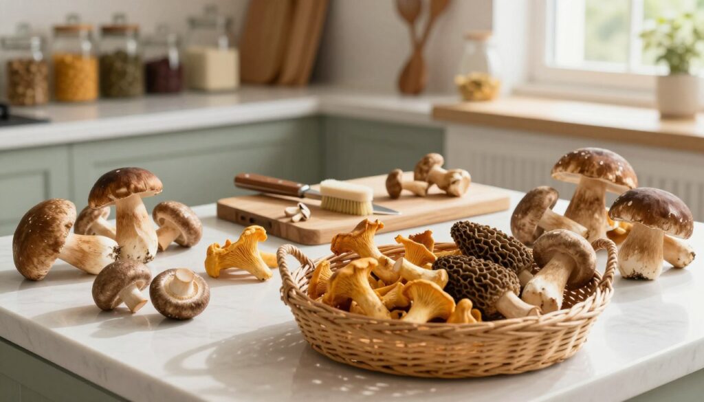 A well-lit kitchen countertop filled with freshly harvested mushrooms in various shapes and sizes, showcasing the selection process before freezing. In the foreground, a wicker basket holds a diverse collection of mushrooms, including chanterelles, porcini, and morels, highlighting their natural textures. In the middle ground, a small wooden cutting board features a knife and a soft brush for cleaning, emphasizing the delicate method of wiping the mushrooms without soaking them in water. The background features shelves lined with jars, spices, and cooking utensils, creating a warm, inviting atmosphere. Soft natural light filters in through a nearby window, casting gentle shadows and enhancing the earthy tones of the scene, evoking a sense of care and preparation in this meticulous process. A well-lit kitchen countertop filled with freshly harvested mushrooms in various shapes and sizes, showcasing the selection process before freezing. In the foreground, a wicker basket holds a diverse collection of mushrooms, including chanterelles, porcini, and morels, highlighting their natural textures. In the middle ground, a small wooden cutting board features a knife and a soft brush for cleaning, emphasizing the delicate method of wiping the mushrooms without soaking them in water. The background features shelves lined with jars, spices, and cooking utensils, creating a warm, inviting atmosphere. Soft natural light filters in through a nearby window, casting gentle shadows and enhancing the earthy tones of the scene, evoking a sense of care and preparation in this meticulous process.