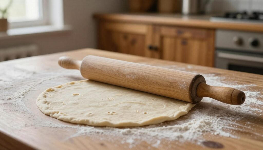 A wooden rolling pin is placed on a floured surface, slightly angled as if just used to roll out pizza dough. The dough, thin and perfectly round, has visible air bubbles, indicating its gluten structure is intact. In the background, there is a rustic kitchen ambiance with worn wooden cabinets and soft natural light streaming through a window, creating a warm and inviting atmosphere. The scene captures the essence of an artisan kitchen, highlighting the skill involved in rolling out dough without tearing it. The foreground should be slightly in focus, with the rolling pin and dough as the main subjects, while the softly blurred kitchen elements suggest an atmosphere of culinary creativity and craftsmanship. A wooden rolling pin is placed on a floured surface, slightly angled as if just used to roll out pizza dough. The dough, thin and perfectly round, has visible air bubbles, indicating its gluten structure is intact. In the background, there is a rustic kitchen ambiance with worn wooden cabinets and soft natural light streaming through a window, creating a warm and inviting atmosphere. The scene captures the essence of an artisan kitchen, highlighting the skill involved in rolling out dough without tearing it. The foreground should be slightly in focus, with the rolling pin and dough as the main subjects, while the softly blurred kitchen elements suggest an atmosphere of culinary creativity and craftsmanship.