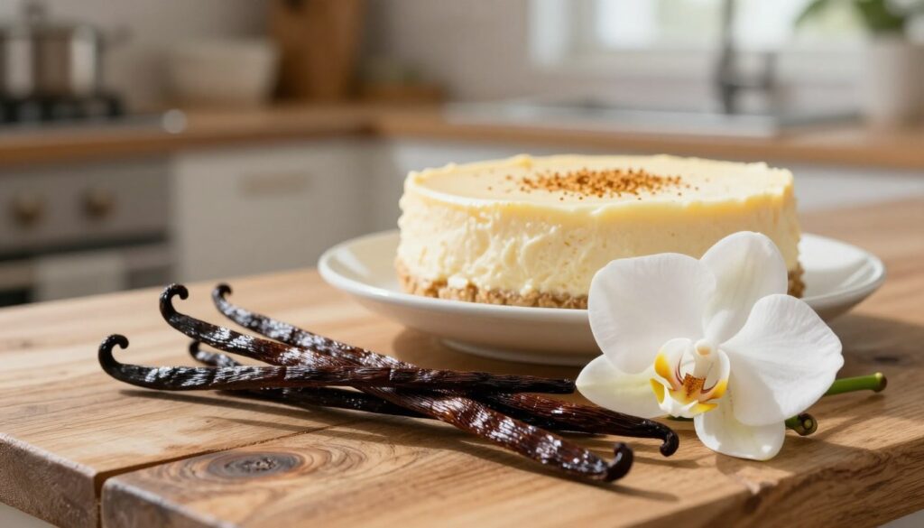 A beautiful arrangement of vanilla pods and fresh vanilla flowers, elegantly displayed on a rustic wooden surface. The foreground showcases several dark, glossy vanilla beans, curled and straightened, their rich brown color contrasting with the delicate white and yellow orchid-like blossoms. In the middle ground, a soft-focus bowl of creamy cheesecake sits, its smooth surface adorned with a sprinkle of vanilla dust, hinting at flavor and indulgence. The background features a blurred kitchen setting with warm, natural light streaming in from a nearby window, casting gentle shadows. The mood is inviting and cozy, evoking a sense of natural sweetness and culinary creativity, perfect for enhancing desserts. A beautiful arrangement of vanilla pods and fresh vanilla flowers, elegantly displayed on a rustic wooden surface. The foreground showcases several dark, glossy vanilla beans, curled and straightened, their rich brown color contrasting with the delicate white and yellow orchid-like blossoms. In the middle ground, a soft-focus bowl of creamy cheesecake sits, its smooth surface adorned with a sprinkle of vanilla dust, hinting at flavor and indulgence. The background features a blurred kitchen setting with warm, natural light streaming in from a nearby window, casting gentle shadows. The mood is inviting and cozy, evoking a sense of natural sweetness and culinary creativity, perfect for enhancing desserts.