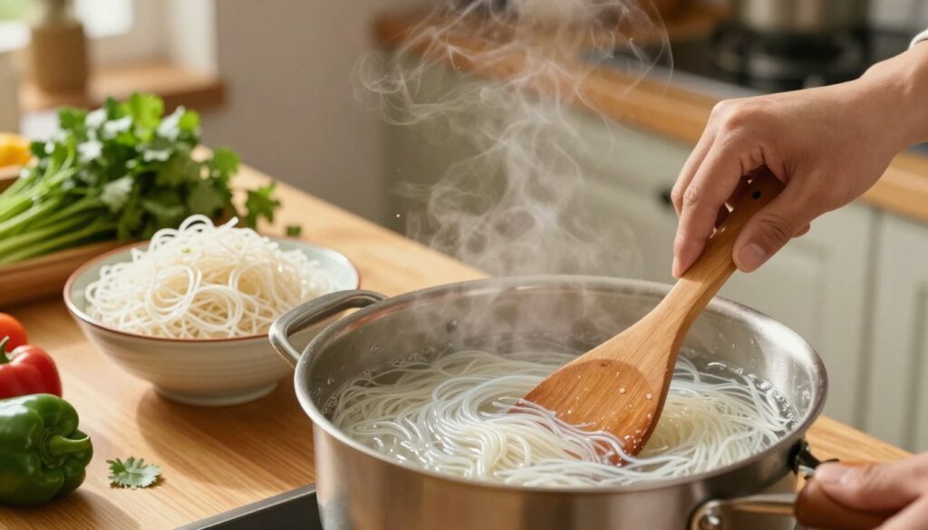 A beautiful, close-up view of a cooking scene featuring rice noodles being prepared. In the foreground, a hand gently stirs a pot of simmering water filled with submerged rice noodles, steam rising from the surface. A wooden spatula rests beside the pot. In the middle, a bowl filled with soaked rice noodles is placed on a vibrant kitchen countertop adorned with fresh vegetables and herbs, like cilantro and bell peppers. The background showcases a cozy kitchen atmosphere with soft, warm lighting, emphasizing a homely feel. Capture a sense of warmth and culinary creativity, with a focus on the textures of the noodles and ingredients, while keeping the composition well-balanced and inviting. A beautiful, close-up view of a cooking scene featuring rice noodles being prepared. In the foreground, a hand gently stirs a pot of simmering water filled with submerged rice noodles, steam rising from the surface. A wooden spatula rests beside the pot. In the middle, a bowl filled with soaked rice noodles is placed on a vibrant kitchen countertop adorned with fresh vegetables and herbs, like cilantro and bell peppers. The background showcases a cozy kitchen atmosphere with soft, warm lighting, emphasizing a homely feel. Capture a sense of warmth and culinary creativity, with a focus on the textures of the noodles and ingredients, while keeping the composition well-balanced and inviting.