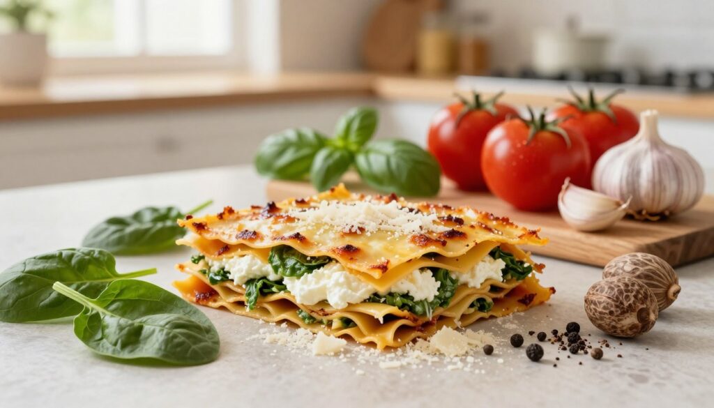 A beautiful flat lay of fresh ingredients for spinach and ricotta lasagna, meticulously arranged for visual appeal. In the foreground, vibrant green spinach leaves and creamy ricotta cheese sit alongside layers of golden lasagna noodles. A sprinkling of grated Parmesan cheese and a collection of rich spices like nutmeg and black pepper add texture and color. In the middle ground, a wooden cutting board hosts bright red tomatoes, aromatic garlic cloves, and fresh basil leaves, capturing the essence of Italian cooking. The background features a soft, blurred kitchen setting with warm, natural light pouring in through a window, creating an inviting, homey atmosphere. The overall mood should feel fresh, cozy, and appetizing, perfect for illustrating the essential ingredients for a delicious lasagna. A beautiful flat lay of fresh ingredients for spinach and ricotta lasagna, meticulously arranged for visual appeal. In the foreground, vibrant green spinach leaves and creamy ricotta cheese sit alongside layers of golden lasagna noodles. A sprinkling of grated Parmesan cheese and a collection of rich spices like nutmeg and black pepper add texture and color. In the middle ground, a wooden cutting board hosts bright red tomatoes, aromatic garlic cloves, and fresh basil leaves, capturing the essence of Italian cooking. The background features a soft, blurred kitchen setting with warm, natural light pouring in through a window, creating an inviting, homey atmosphere. The overall mood should feel fresh, cozy, and appetizing, perfect for illustrating the essential ingredients for a delicious lasagna.