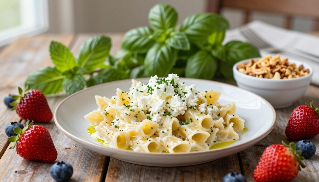 A beautiful, inviting presentation of pasta with cottage cheese, surrounded by an array of delightful toppings. In the foreground, a plate of creamy pasta with a sprinkle of herbs, glistening with olive oil. Juicy berries, such as strawberries and blueberries, are scattered artistically around the dish, infusing a pop of color. A small bowl of crushed nuts and crispy breadcrumbs is placed nearby, adding a crunchy texture. The middle ground features vibrant green herbs, like basil and mint, cascading around the plate. The background subtly showcases a rustic wooden table setting with soft, natural lighting pouring in, creating a warm and cozy atmosphere. The scene conveys a sense of culinary delight, perfect for evoking the joy of cooking and enjoying delicious meals. A beautiful, inviting presentation of pasta with cottage cheese, surrounded by an array of delightful toppings. In the foreground, a plate of creamy pasta with a sprinkle of herbs, glistening with olive oil. Juicy berries, such as strawberries and blueberries, are scattered artistically around the dish, infusing a pop of color. A small bowl of crushed nuts and crispy breadcrumbs is placed nearby, adding a crunchy texture. The middle ground features vibrant green herbs, like basil and mint, cascading around the plate. The background subtly showcases a rustic wooden table setting with soft, natural lighting pouring in, creating a warm and cozy atmosphere. The scene conveys a sense of culinary delight, perfect for evoking the joy of cooking and enjoying delicious meals.