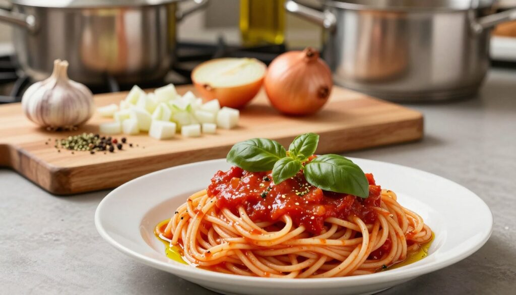 A beautiful plate of spaghetti with a rich, homemade tomato sauce sits in the foreground, glistening with a drizzle of olive oil. Fresh basil leaves are sprinkled on top, adding vibrant green color. The middle ground features a nicely arranged wooden cutting board with diced garlic, chopped onions, and various spices like oregano and black pepper, demonstrating the sauce preparation process. In the background, a professional kitchen is visible, with gleaming stainless steel pots and a warm, inviting light illuminating the scene, creating a cozy atmosphere. The camera angle is slightly above the table, focusing on the dish, showcasing the textures and vibrant colors of the ingredients, evoking a sense of warmth and comfort associated with homemade cooking. A beautiful plate of spaghetti with a rich, homemade tomato sauce sits in the foreground, glistening with a drizzle of olive oil. Fresh basil leaves are sprinkled on top, adding vibrant green color. The middle ground features a nicely arranged wooden cutting board with diced garlic, chopped onions, and various spices like oregano and black pepper, demonstrating the sauce preparation process. In the background, a professional kitchen is visible, with gleaming stainless steel pots and a warm, inviting light illuminating the scene, creating a cozy atmosphere. The camera angle is slightly above the table, focusing on the dish, showcasing the textures and vibrant colors of the ingredients, evoking a sense of warmth and comfort associated with homemade cooking.