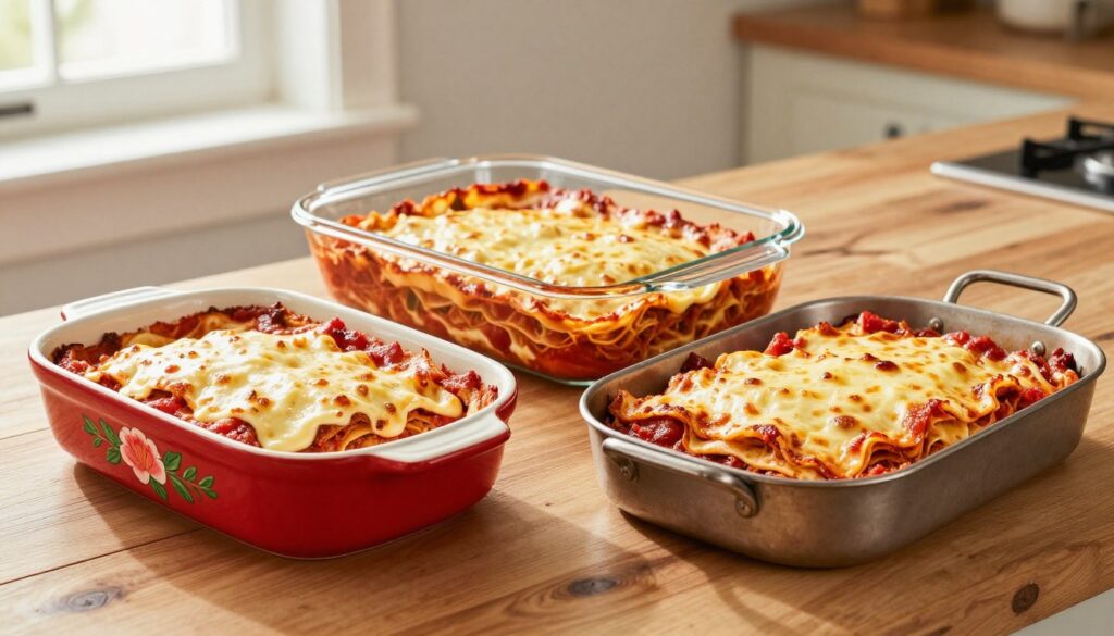 A beautiful, well-lit kitchen scene featuring three distinct types of lasagne dishes: a vibrant ceramic dish, a sleek glass baking dish, and a sturdy metal pan. Each dish is filled with layers of colorful lasagne, showcasing rich tomato sauce, creamy béchamel, and bubbling cheese on top. In the foreground, the ceramic dish has an eye-catching floral design, while the glass dish reveals its contents through a transparent surface. The metal pan appears robust and utilitarian. The background includes a rustic wooden countertop and soft, diffused natural light coming through a nearby window, creating a warm and inviting atmosphere. The overall mood is one of culinary inspiration, ideal for showcasing the comparison of materials in the context of baking lasagne.