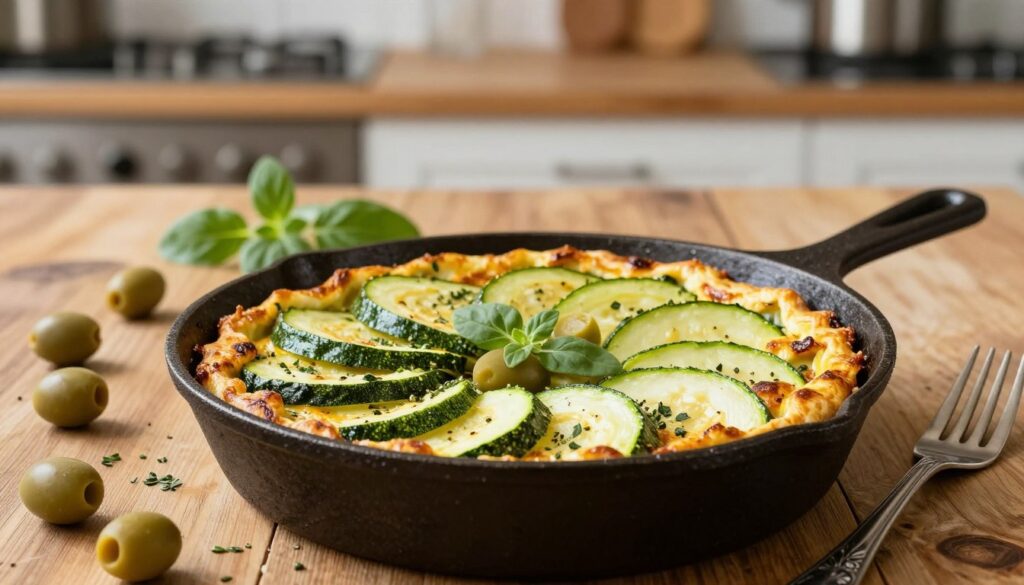 A beautifully arranged Mediterranean frittata featuring vibrant zucchini slices, green olives, and fresh oregano, set on a rustic wooden table. In the foreground, the frittata is presented in a cast-iron skillet, showcasing its fluffy texture and golden-brown edges. In the middle, scattered herbs and a few olives complement the dish, while a decorative fork lies nearby. The background features a softly blurred kitchen setting with warm, natural lighting that casts gentle shadows, creating a cozy atmosphere. The composition should evoke the fresh, vibrant flavors of Mediterranean cuisine, inviting viewers to experience the simplicity and comfort of this dish.