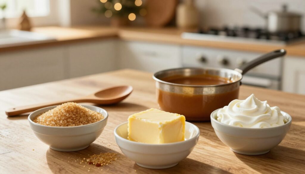 A beautifully arranged assortment of caramel ingredients for making gingerbread and decoration. In the foreground, there are bowls filled with granulated sugar, butter, and heavy cream, each ingredient fresh and inviting. In the middle, a wooden spoon rests next to a small saucepan on a rustic kitchen countertop, hinting at the process of caramel-making. The background features a softly lit kitchen with warm tones, a hint of festive decorations, and a subtle bokeh effect to convey a cozy atmosphere. The lighting is warm and natural, as if sunlight is streaming through a nearby window, enhancing the golden tones of the caramel ingredients. The overall mood is inviting and homely, perfect for inspiring readers to create delicious caramel. A beautifully arranged assortment of caramel ingredients for making gingerbread and decoration. In the foreground, there are bowls filled with granulated sugar, butter, and heavy cream, each ingredient fresh and inviting. In the middle, a wooden spoon rests next to a small saucepan on a rustic kitchen countertop, hinting at the process of caramel-making. The background features a softly lit kitchen with warm tones, a hint of festive decorations, and a subtle bokeh effect to convey a cozy atmosphere. The lighting is warm and natural, as if sunlight is streaming through a nearby window, enhancing the golden tones of the caramel ingredients. The overall mood is inviting and homely, perfect for inspiring readers to create delicious caramel.