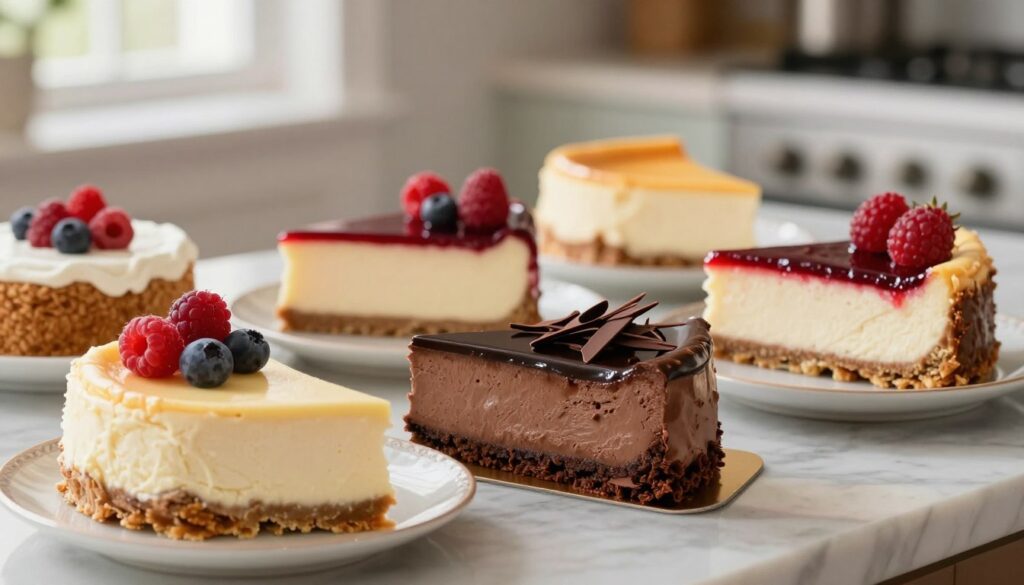 A beautifully arranged assortment of different types of cheesecakes, showcasing a variety of flavors and textures. In the foreground, place a classic New York cheesecake with a rich, creamy texture, garnished with fresh berries. Next to it, a chocolate cheesecake with a glossy ganache topping and delicate chocolate shavings. Include a fruity raspberry cheesecake with a vibrant red layer, and a classic baked cheesecake placed on a decorative plate. The background features a softly blurred kitchen setting with natural light filtering through a window, creating a warm and inviting atmosphere. Use a shallow depth of field to focus on the cheesecakes, with a slight angle that adds dimension and visual interest. A beautifully arranged assortment of different types of cheesecakes, showcasing a variety of flavors and textures. In the foreground, place a classic New York cheesecake with a rich, creamy texture, garnished with fresh berries. Next to it, a chocolate cheesecake with a glossy ganache topping and delicate chocolate shavings. Include a fruity raspberry cheesecake with a vibrant red layer, and a classic baked cheesecake placed on a decorative plate. The background features a softly blurred kitchen setting with natural light filtering through a window, creating a warm and inviting atmosphere. Use a shallow depth of field to focus on the cheesecakes, with a slight angle that adds dimension and visual interest.