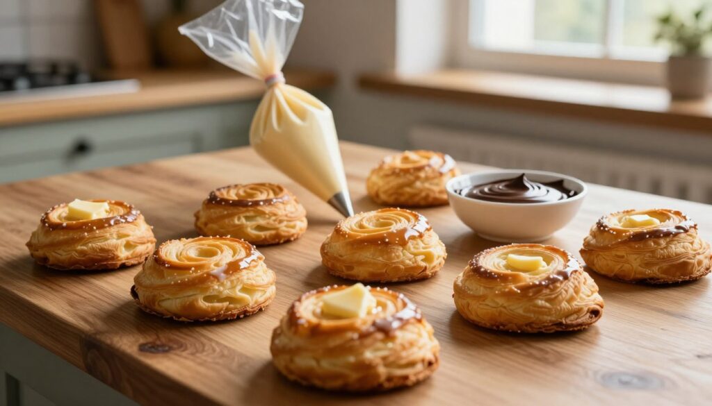 A beautifully arranged assortment of freshly baked "rurki" made from golden, flaky puff pastry, showcasing their delicate spirals and perfectly even shapes. In the foreground, focus on a golden-brown rurka, with a light glaze shimmering from the healthy butter content. The middle ground features an elegant pastry bag filled with creamy filling ready for piping, alongside a small dish of melted chocolate for dipping. In the background, there is a rustic wooden kitchen counter, softly lit by warm, natural light streaming in through a nearby window. The atmosphere is inviting and cozy, perfect for a home baking scene, highlighting the artistry of crafting perfect puff pastry without cracks. The composition captures the essence of precision and care in pastry making, with an emphasis on texture and warmth.
