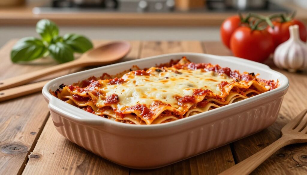 A beautifully arranged baking dish set on a rustic wooden table, showcasing a vibrant lasagna with layers of pasta, rich tomato sauce, and melted cheese. The foreground features the glossy, ceramic baking dish, glistening under soft, warm lighting, highlighting its intricate patterns. In the middle ground, a set of cooking utensils, such as a wooden spoon and a spatula, are neatly placed near the dish. In the background, a softly blurred kitchen setting with fresh ingredients like basil, garlic, and tomatoes, adding a touch of freshness and color to the scene. The overall mood is warm and inviting, evoking a sense of homely comfort and culinary creativity. The image should be captured with a shallow depth of field to emphasize the dish while creating a harmonious blend with the background.