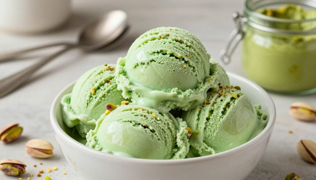 A beautifully arranged bowl of vibrant green pistachio ice cream, showcasing a creamy and rich texture that hints at an intense flavor. The foreground features a close-up of the ice cream, with glossy surfaces reflecting light, inviting a sense of indulgence. Surrounding the bowl are scattered pistachios in their shells and a sprinkle of crushed nuts, adding a touch of authenticity. In the middle ground, a soft-focus backdrop of a rustic kitchen counter with elegant kitchen utensils and fresh pistachio paste in a glass jar creates a warm, inviting atmosphere. Soft, natural lighting bathes the scene, evoking a cozy and appetizing mood, ideal for showcasing a delicious dessert. The camera angle is slightly above, highlighting the enticing ice cream's creamy surface and making it the focal point of the composition.
