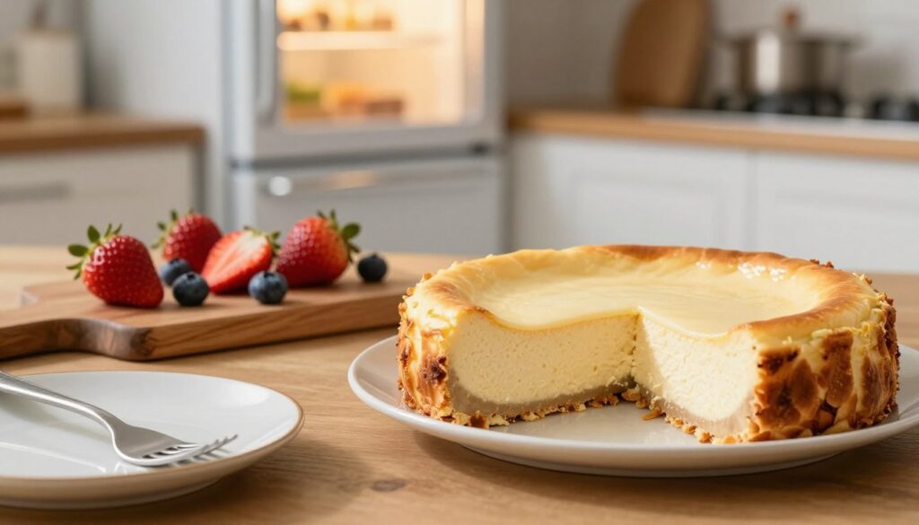 A beautifully arranged cheesecake on a wooden kitchen table, showcasing its creamy texture with a slice cut out to reveal its inside. The foreground features a delicate plate and a fork, hinting at indulgence. In the middle, a rustic wooden board serves as a backdrop, adorned with fresh fruits like strawberries and blueberries to enhance the appeal. The background includes a softly blurred view of a refrigerator, subtly illuminated by warm, ambient lighting to create a cozy atmosphere, suggesting a domestic kitchen environment. The scene captures the essence of freshness and the importance of proper cheesecake storage, evoking a warm and inviting mood. The image should be bright and well-lit, with a focus on inviting textures and colors. A beautifully arranged cheesecake on a wooden kitchen table, showcasing its creamy texture with a slice cut out to reveal its inside. The foreground features a delicate plate and a fork, hinting at indulgence. In the middle, a rustic wooden board serves as a backdrop, adorned with fresh fruits like strawberries and blueberries to enhance the appeal. The background includes a softly blurred view of a refrigerator, subtly illuminated by warm, ambient lighting to create a cozy atmosphere, suggesting a domestic kitchen environment. The scene captures the essence of freshness and the importance of proper cheesecake storage, evoking a warm and inviting mood. The image should be bright and well-lit, with a focus on inviting textures and colors.