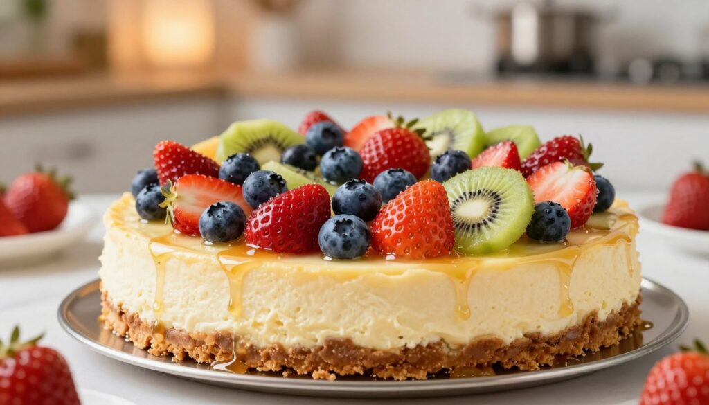 A beautifully arranged cheesecake topped with a colorful assortment of fresh fruits. In the foreground, the creamy cheesecake showcases a smooth, golden-brown crust, garnished with ripe strawberries, plump blueberries, and sliced kiwi, all glistening with a light drizzle of honey. The middle layer features a well-lit, softly blurred setting, highlighting the textures of the cheesecake and the vibrant colors of the fruits. In the background, a softly focused kitchen scene with warm, ambient lighting adds a cozy feel, enhancing the inviting nature of the dessert. The image captures a delightful and appetizing mood, perfect for enticing the viewer to indulge in the deliciousness of fruit-topped cheesecake.