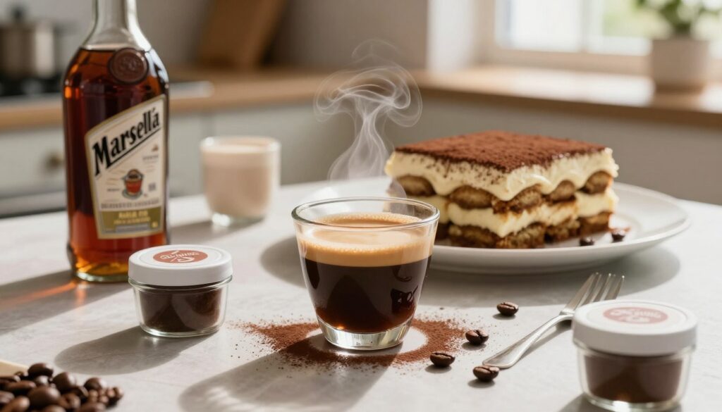 A beautifully arranged coffee setup showcasing various coffee options for tiramisu. In the foreground, a rich, steaming espresso in a delicate glass cup, surrounded by small containers of Marsala and Amaretto, illustrating the contrast between alcoholic and non-alcoholic ingredients. The middle ground features a classic tiramisu dessert, elegantly plated and garnished with cocoa powder and coffee beans. The background includes a softly blurred kitchen ambiance, hinting at a warm, inviting atmosphere with natural light streaming in from a window, casting gentle shadows. Use a shallow depth of field to focus on the coffee and dessert, creating a cozy yet sophisticated mood. The scene evokes a sense of culinary artistry and indulgence. A beautifully arranged coffee setup showcasing various coffee options for tiramisu. In the foreground, a rich, steaming espresso in a delicate glass cup, surrounded by small containers of Marsala and Amaretto, illustrating the contrast between alcoholic and non-alcoholic ingredients. The middle ground features a classic tiramisu dessert, elegantly plated and garnished with cocoa powder and coffee beans. The background includes a softly blurred kitchen ambiance, hinting at a warm, inviting atmosphere with natural light streaming in from a window, casting gentle shadows. Use a shallow depth of field to focus on the coffee and dessert, creating a cozy yet sophisticated mood. The scene evokes a sense of culinary artistry and indulgence.