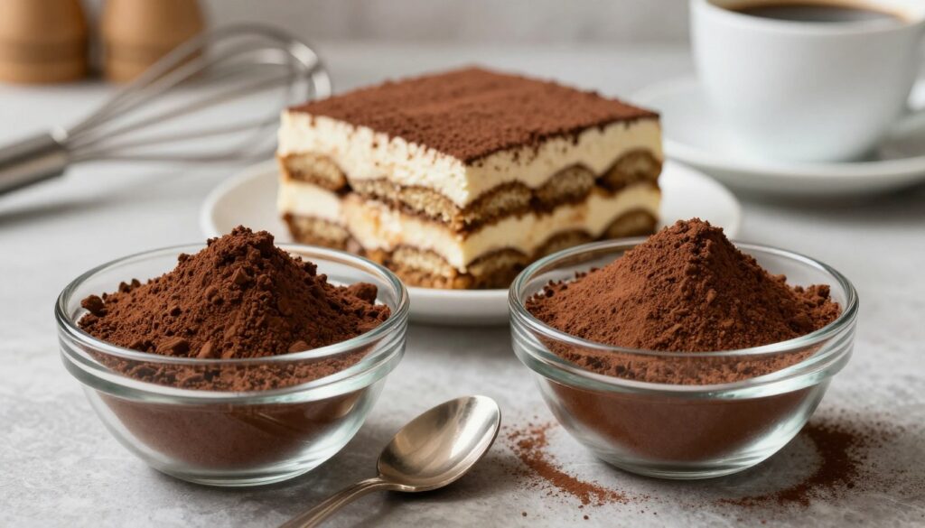 A beautifully arranged composition featuring two distinct types of cocoa powder: natural and alkalized. In the foreground, showcase two elegant glass bowls, one filled with rich, dark natural cocoa powder with a slightly textured surface, and the other with fine, smooth alkalized cocoa, exhibiting a lighter color. Place a delicate silver spoon resting beside each bowl to emphasize their distinct textures. In the middle, include a sumptuous slice of tiramisu, with a dusting of either cocoa type on top, creating a contrast against the creamy filling. The background should feature softly blurred kitchen elements, like a vintage whisk and a coffee cup, illuminated with warm, inviting lighting that suggests a cozy home kitchen atmosphere. The overall mood is elegant and appetizing, perfect for a dessert presentation. A beautifully arranged composition featuring two distinct types of cocoa powder: natural and alkalized. In the foreground, showcase two elegant glass bowls, one filled with rich, dark natural cocoa powder with a slightly textured surface, and the other with fine, smooth alkalized cocoa, exhibiting a lighter color. Place a delicate silver spoon resting beside each bowl to emphasize their distinct textures. In the middle, include a sumptuous slice of tiramisu, with a dusting of either cocoa type on top, creating a contrast against the creamy filling. The background should feature softly blurred kitchen elements, like a vintage whisk and a coffee cup, illuminated with warm, inviting lighting that suggests a cozy home kitchen atmosphere. The overall mood is elegant and appetizing, perfect for a dessert presentation.