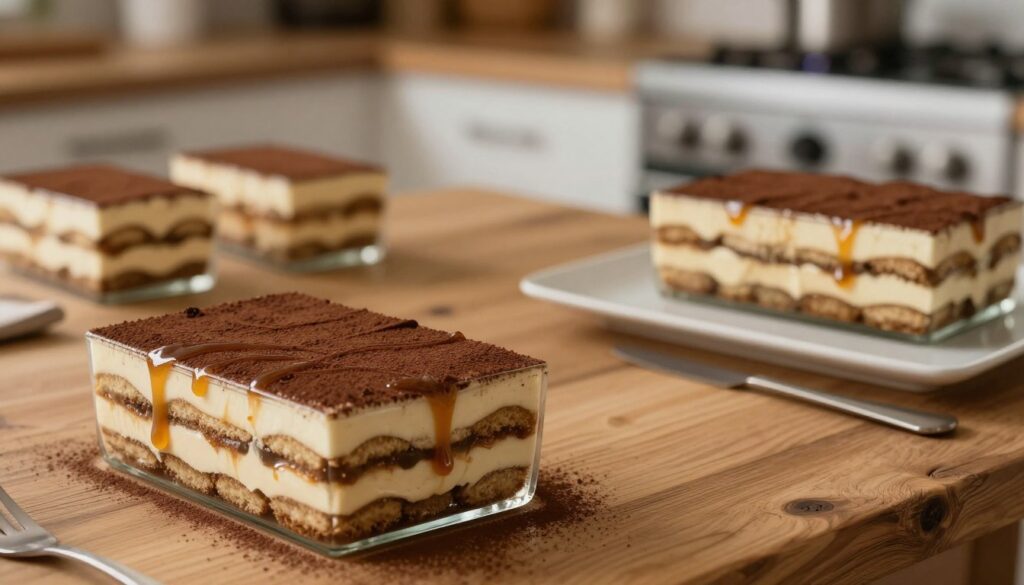 A beautifully arranged dessert table featuring an elegant serving of kajmakowe tiramisu, showcasing layers of creamy caramel and a rich coffee base. The foreground includes a glass dish adorned with cocoa powder and caramel drizzle, glistening under soft, warm lighting that enhances the dessert's delectable textures. In the middle, a rustic wooden table complements the modern glass dish, adding warmth to the scene. In the background, a blurred kitchen setting with faintly visible utensils creates a cozy atmosphere, hinting at the dessert's preparation. The image captures a serene moment, evoking the anticipation of tasting the chilled dessert at its peak flavor—sweet, yet perfectly balanced, inviting the viewer to indulge. Soft focus and a slightly overhead angle enhance the visual appeal, drawing attention to the decadent layers.
