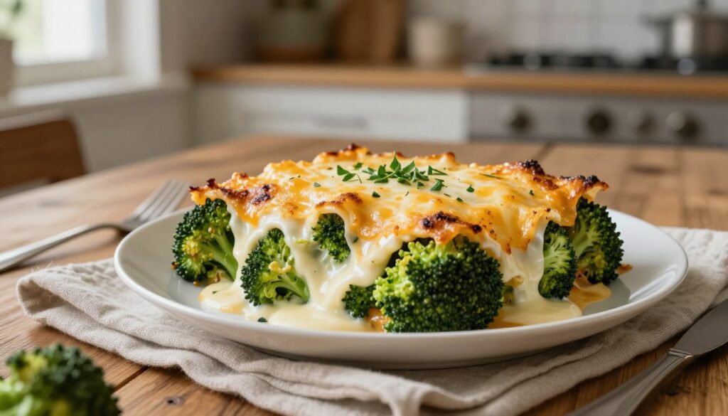 A beautifully arranged dish of broccoli lasagna, featuring layers of vibrant green broccoli, creamy white béchamel sauce, and golden-brown cheese topping. In the foreground, focus on a serving of lasagna garnished with a sprinkle of fresh herbs. The creamy sauce glistens under soft, warm overhead lighting, accentuating the texture of the melted cheese. In the middle, a rustic wooden table contrasts with the elegant dish, while a light fabric napkin adds a touch of sophistication. In the background, a blurred kitchen setting hints at a cozy home cooking atmosphere, with subtle hints of natural light streaming in from a nearby window, creating a welcoming and homely feeling. The image should evoke comfort and culinary delight, showcasing the essence of a lighter, vegetable-rich lasagna.