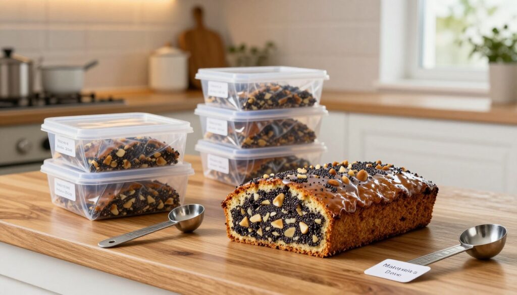 A beautifully arranged display of a traditional poppy seed cake (makowiec) on a polished wooden kitchen counter, surrounded by clear freezer bags, measuring spoons, and labels indicating storage times. In the foreground, a half-sliced makowiec reveals its rich interior filled with poppy seeds and nuts, glistening with a light glaze. The middle section shows a tidy stack of labeled freezer bags ready for portioning the cake. In the background, a cozy kitchen setting is illuminated by soft, warm overhead lights, with simple kitchenware and a hint of herbs on the windowsill. The overall mood is inviting and informative, emphasizing the importance of proper storage while maintaining the cake’s flavor. A beautifully arranged display of a traditional poppy seed cake (makowiec) on a polished wooden kitchen counter, surrounded by clear freezer bags, measuring spoons, and labels indicating storage times. In the foreground, a half-sliced makowiec reveals its rich interior filled with poppy seeds and nuts, glistening with a light glaze. The middle section shows a tidy stack of labeled freezer bags ready for portioning the cake. In the background, a cozy kitchen setting is illuminated by soft, warm overhead lights, with simple kitchenware and a hint of herbs on the windowsill. The overall mood is inviting and informative, emphasizing the importance of proper storage while maintaining the cake’s flavor.