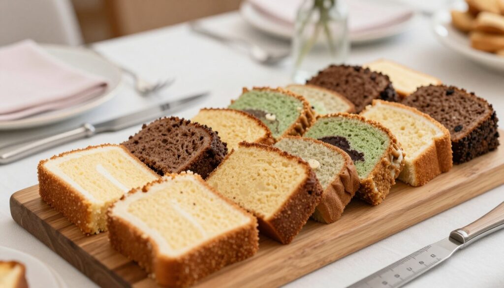 A beautifully arranged display of evenly cut slices of cake on an elegant wooden dessert board. The foreground features an assortment of colorful cakes, meticulously sliced to reveal their moist, layered interiors, each slice showing perfect symmetry and neat edges. In the middle ground, delicate pastry tools such as a spatula, serrated knife, and measuring rulers are thoughtfully placed, suggesting the importance of good tools for precise cutting. The background softly blurs the texture of a festive table setting, adorned with light pastel colors and gentle lighting, creating a warm, inviting atmosphere that highlights the cakes as the focal point. The scene is illuminated by soft, natural light, evoking a sense of celebration and attention to detail perfect for gatherings.