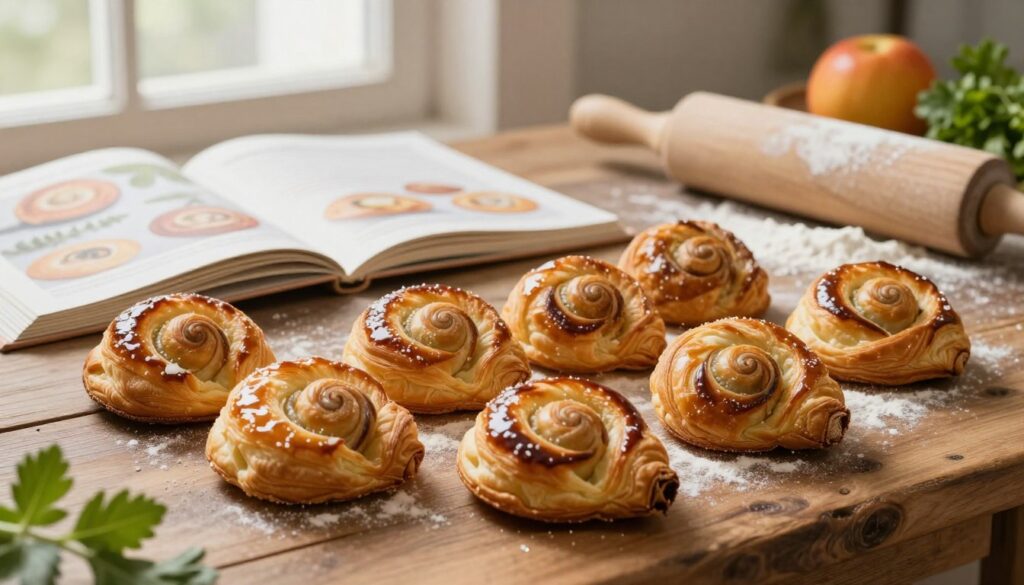 A beautifully arranged display of freshly baked sweet and savory puff pastry snails placed on a rustic wooden table. In the foreground, several golden-brown pastry spirals glisten with a hint of glaze, showcasing intricate swirls. The middle ground features a partially open cookbook with a delicious recipe for pastries, alongside a rolling pin, dusted with flour, and some fresh herbs and fruit on the side, adding a burst of color and texture. In the background, a soft diffused light spills through a nearby window, casting gentle shadows and creating a warm, inviting atmosphere. The image captures the essence of baking, with an emphasis on the golden, flaky texture of the pastry, inviting the viewer to explore the delightful process of crafting these delicious treats.