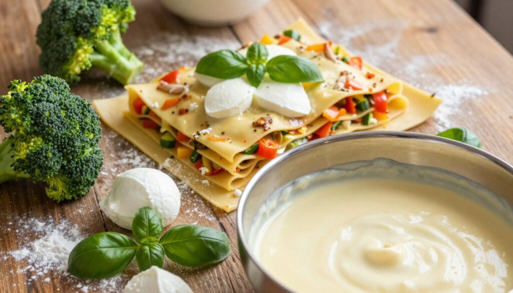 A beautifully arranged display of lasagna ingredients featuring vibrant green broccoli, ricotta cheese, mozzarella, and fresh basil leaves. In the foreground, a close-up of a mixing bowl filled with creamy béchamel sauce, glistening under soft, warm lighting. The middle showcases layers of uncooked lasagna sheets alongside chopped vegetables, creating a colorful palette. The background is a rustic wooden table adorned with a few scattered flour, emphasizing a home-cooked feel. The atmosphere is inviting and cozy, evoking the warmth of a family kitchen. The focus is sharp on the ingredients, with a slight blur in the background to enhance depth, captured from an overhead angle to highlight the arrangement of components.