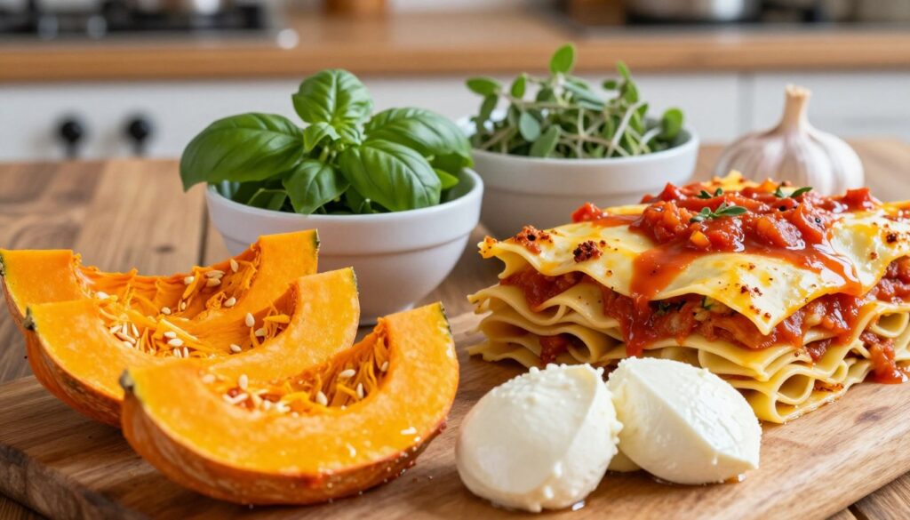 A beautifully arranged display of lasagne ingredients, showcasing vibrant, fresh produce and rich details. In the foreground, slices of pumpkin, bursting with autumn hues of orange and yellow, are complemented by layers of tender lasagne noodles. Fresh ricotta and mozzarella are artfully placed nearby, glistening under soft, natural light. In the middle ground, bowls filled with aromatic herbs like basil and oregano add a refreshing green touch. A rich tomato sauce with visible chunks of tomatoes and garlic is drizzled elegantly across the scene. The background features a rustic wooden kitchen table with warm, inviting textures, creating a homely atmosphere. Use a soft focus lens to enhance the warmth and coziness of the setting, inviting viewers to imagine the delicious meal coming together. A beautifully arranged display of lasagne ingredients, showcasing vibrant, fresh produce and rich details. In the foreground, slices of pumpkin, bursting with autumn hues of orange and yellow, are complemented by layers of tender lasagne noodles. Fresh ricotta and mozzarella are artfully placed nearby, glistening under soft, natural light. In the middle ground, bowls filled with aromatic herbs like basil and oregano add a refreshing green touch. A rich tomato sauce with visible chunks of tomatoes and garlic is drizzled elegantly across the scene. The background features a rustic wooden kitchen table with warm, inviting textures, creating a homely atmosphere. Use a soft focus lens to enhance the warmth and coziness of the setting, inviting viewers to imagine the delicious meal coming together.