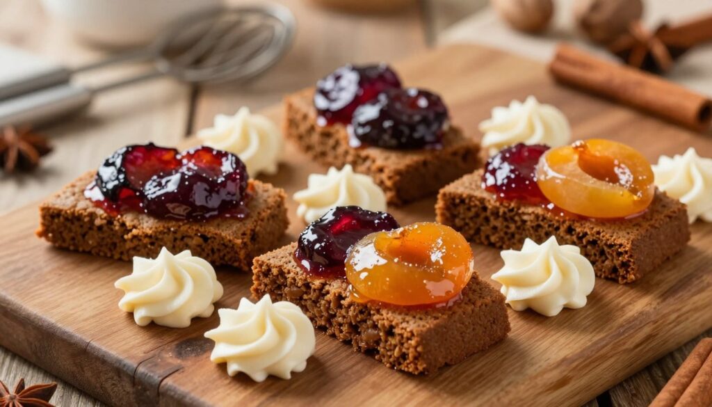 A beautifully arranged display of moist gingerbread slices on a rustic wooden table, showcasing their glistening texture. Each slice is topped with a glossy layer of fruit preserves—plum and apricot—delicately reflecting light, emphasizing their juiciness. Surrounding the gingerbread are elegant cream swirls, hinting at their aromatic flavors. Soft, warm lighting creates a cozy atmosphere, enhancing the rich brown tones of the gingerbread and the vibrant colors of the toppings. In the background, a blurred kitchen scene features baking tools and seasonal spices like cinnamon and nutmeg, evoking the warmth of holiday baking. Capture this scene from a slightly elevated angle to emphasize the layers of flavors and the inviting essence of moist gingerbread. A beautifully arranged display of moist gingerbread slices on a rustic wooden table, showcasing their glistening texture. Each slice is topped with a glossy layer of fruit preserves—plum and apricot—delicately reflecting light, emphasizing their juiciness. Surrounding the gingerbread are elegant cream swirls, hinting at their aromatic flavors. Soft, warm lighting creates a cozy atmosphere, enhancing the rich brown tones of the gingerbread and the vibrant colors of the toppings. In the background, a blurred kitchen scene features baking tools and seasonal spices like cinnamon and nutmeg, evoking the warmth of holiday baking. Capture this scene from a slightly elevated angle to emphasize the layers of flavors and the inviting essence of moist gingerbread.