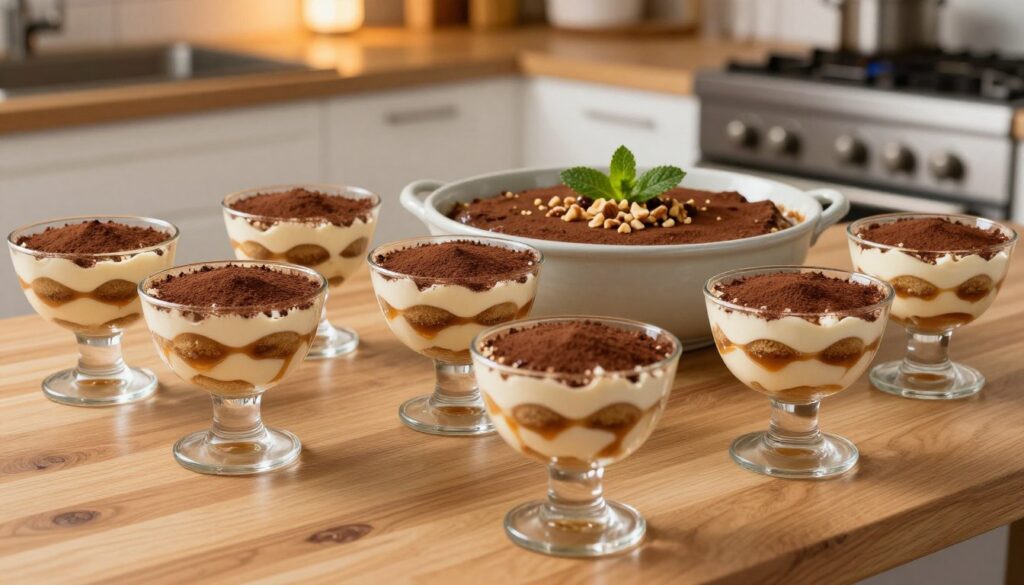 A beautifully arranged display of serving dishes for "kajmakowe tiramisu." In the foreground, a collection of elegant glass bowls and tall parfait cups, showcasing layers of caramel tiramisu, featuring soft cream, rich caramel drizzles, and delicate cocoa powder dusting. In the middle, a large ceramic serving dish filled with a generous portion of the dessert, artfully garnished with crushed nuts and fresh mint leaves. The background includes a well-lit kitchen setting with soft, warm lighting that highlights the textures and colors of the tiramisu. A wooden table adds warmth, with a subtle natural grain. The atmosphere is inviting, perfect for a cozy dessert presentation. The angle is slightly tilted for a dynamic view, emphasizing both the individual servings and the larger dish.