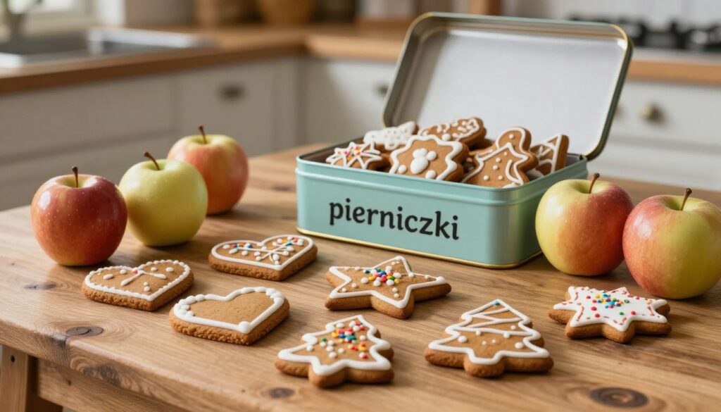 A beautifully arranged display of traditional spicy gingerbread cookies known as "pierniczki" on a rustic wooden table. In the foreground, a variety of intricately decorated gingerbread cookies in heart, star, and tree shapes, adorned with white icing and colorful sprinkles. A few glossy apples rest beside the cookies, reflecting soft natural light, suggesting their role in keeping the gingerbread moist. In the middle ground, a vintage tin box is open, showcasing more gingerbread cookies inside, emphasizing the theme of storage. The background features a cozy kitchen setting with warm wood tones and gentle lighting, creating a welcoming atmosphere. The composition highlights the idea of preserving the cookies' softness, with a subtle focus on the textures of both the cookies and the surrounding elements. A beautifully arranged display of traditional spicy gingerbread cookies known as "pierniczki" on a rustic wooden table. In the foreground, a variety of intricately decorated gingerbread cookies in heart, star, and tree shapes, adorned with white icing and colorful sprinkles. A few glossy apples rest beside the cookies, reflecting soft natural light, suggesting their role in keeping the gingerbread moist. In the middle ground, a vintage tin box is open, showcasing more gingerbread cookies inside, emphasizing the theme of storage. The background features a cozy kitchen setting with warm wood tones and gentle lighting, creating a welcoming atmosphere. The composition highlights the idea of preserving the cookies' softness, with a subtle focus on the textures of both the cookies and the surrounding elements.