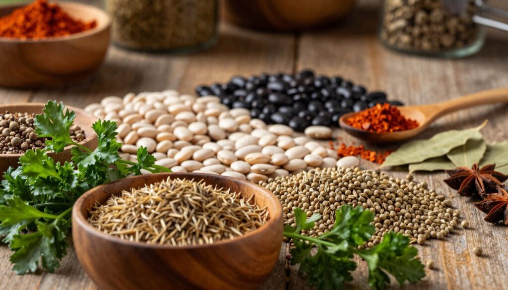 A beautifully arranged display of various spices and herbs used for flavoring beans, with a focus on fresh ingredients. In the foreground, a wooden bowl overflowing with colorful spices like cumin, coriander, and paprika, alongside fresh herbs such as parsley and bay leaves. In the middle, a neatly laid out selection of dried beans in natural tones, accompanied by a wooden spoon and a scattering of whole spices. The background features a rustic kitchen setting with soft, warm lighting that evokes a cozy atmosphere. The image captures a sense of tradition and culinary expertise, inviting viewers to explore the flavors that enhance the taste of beans and reduce digestive discomfort. The overall mood is warm and inviting, emphasizing the art of cooking.