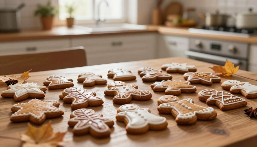 A beautifully arranged display of various types of pierniki (traditional Polish gingerbread cookies) in the foreground, showcasing different shapes and decorations. The cookies are adorned with intricate icing designs, glistening with a slightly sugary sheen, some plain and rustic, while others are elegantly decorated for holidays. In the middle, a cozy wooden table enhances the warmth of the scene, adorned with subtle autumn-themed accents like dried leaves and spices. The background features a softly blurred kitchen setting, illuminated by warm, natural light filtering through a window, creating an inviting atmosphere. A low-angle shot captures the textures and details of the cookies, evoking a sense of tradition and home-baked goodness. The overall mood is warm, nostalgic, and perfect for a culinary exploration. A beautifully arranged display of various types of pierniki (traditional Polish gingerbread cookies) in the foreground, showcasing different shapes and decorations. The cookies are adorned with intricate icing designs, glistening with a slightly sugary sheen, some plain and rustic, while others are elegantly decorated for holidays. In the middle, a cozy wooden table enhances the warmth of the scene, adorned with subtle autumn-themed accents like dried leaves and spices. The background features a softly blurred kitchen setting, illuminated by warm, natural light filtering through a window, creating an inviting atmosphere. A low-angle shot captures the textures and details of the cookies, evoking a sense of tradition and home-baked goodness. The overall mood is warm, nostalgic, and perfect for a culinary exploration.