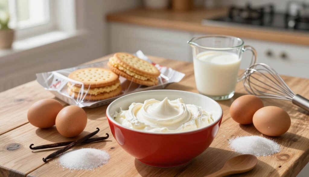A beautifully arranged flat lay of cheesecake ingredients on a rustic wooden surface. In the foreground, showcase a vibrant mixing bowl filled with cream cheese, surrounded by eggs, sugar, and vanilla extract, highlighting their textures. In the middle, place a pack of soft sponge biscuits, slightly opened, with a few biscuits stacked. Include a small glass measuring cup with milk and a whisk elegantly positioned nearby. The background should be softly blurred, featuring subtle kitchen elements like a wooden spoon and a hint of an oven. Natural light floods in from a nearby window, casting gentle shadows and creating a warm, inviting atmosphere, perfect for baking. The image should evoke a sense of homey comfort and culinary creativity.