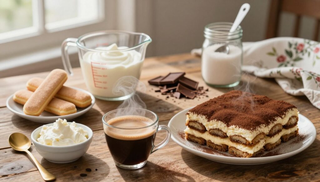 A beautifully arranged flat lay of classic Tiramisu ingredients on a rustic wooden table. In the foreground, a fresh cup of espresso steam rising gently, alongside a small bowl of mascarpone cheese and a gold spoon. To the side, a delicate dish of ladyfinger biscuits, dusted lightly with cocoa powder. The middle ground features a clear measuring cup filled with heavy cream, an assortment of chocolate shavings, and a canister of sugar with a scoop. In the background, soft, diffused natural light filters through a nearby window, casting gentle shadows and illuminating a floral cloth underneath. The overall mood is warm and inviting, evoking a sense of comfort and indulgence, perfect for dessert preparation.